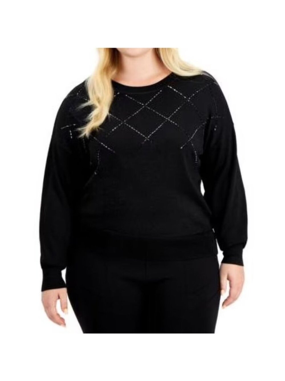 NWT Alfani Womens Black Metallic Beaded Argyle Crewneck Pullover Sweater PLUS 3X